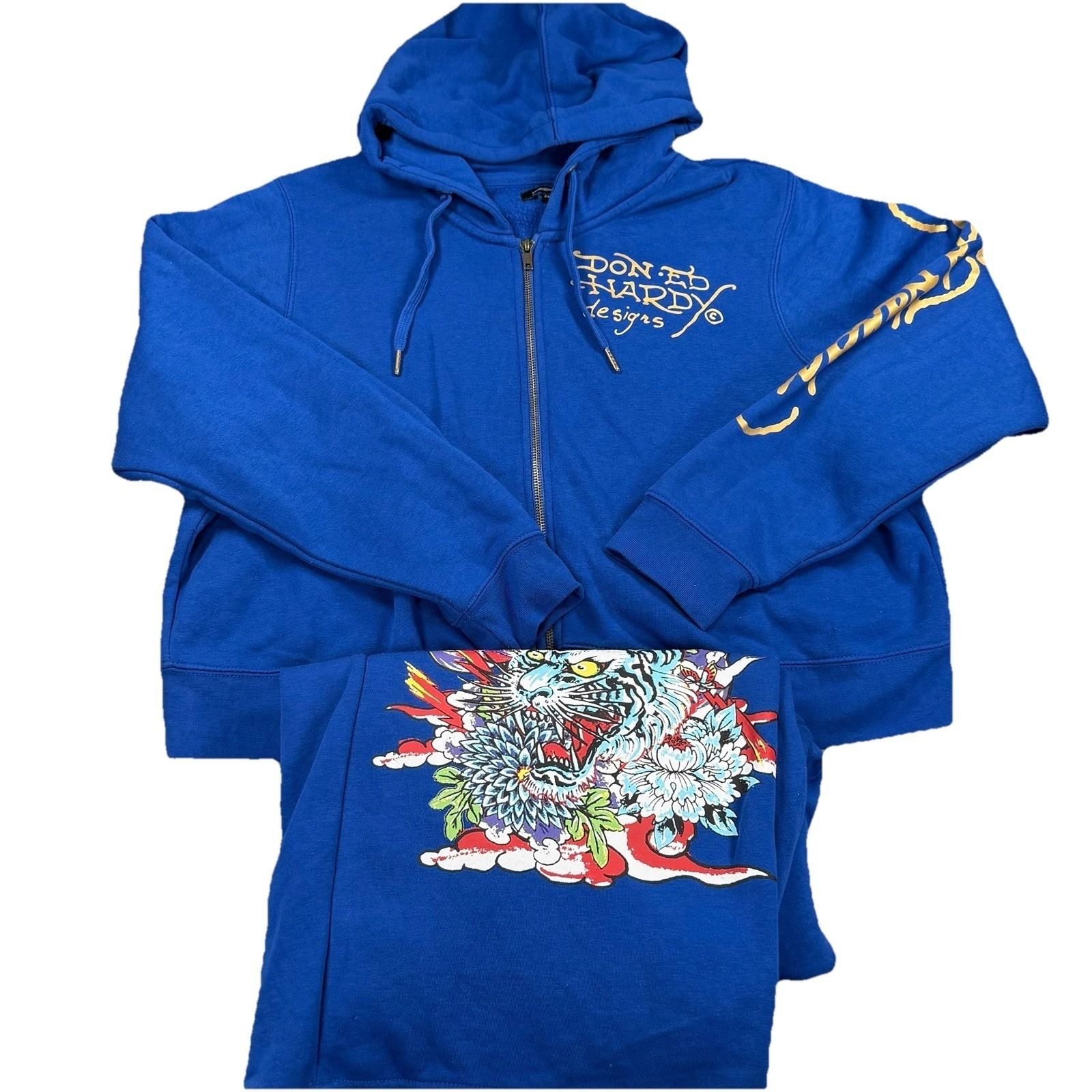 Ed Hardy Women's 2x Blue Tiger Tracksuit Set Hoodie Joggers Y2k Tattoo